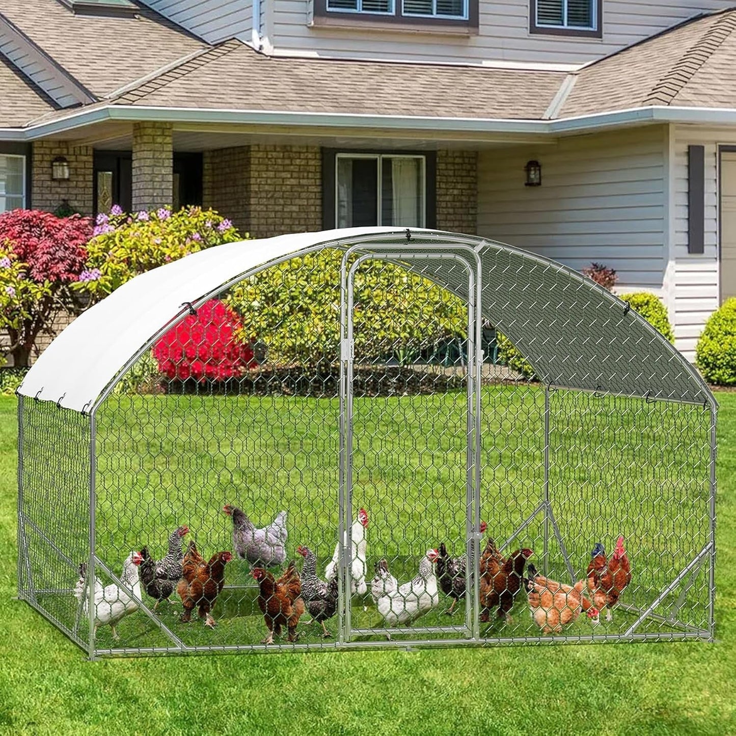 Pinypikaka Large Metal Chicken Coop for 6 to 10 Chickens, Chicken Pens Outdoor with Top for Chicks, Ducks 6.5'L x 9.8' Wx 6.5'H Dome Walk-in Poultry Cage with Waterproof Cover for Yard, Outdoor Farm