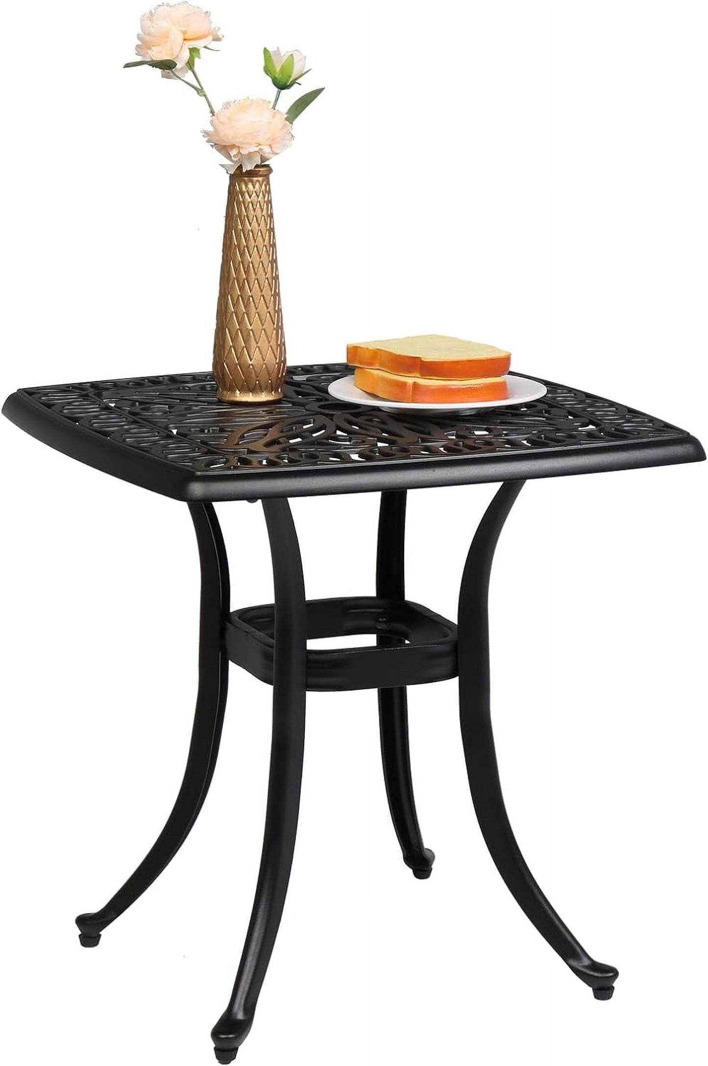 SUPQ 21" Cast Aluminum Patio Table with Umbrella Hole - All Weather, Porch End Table (Black),Square