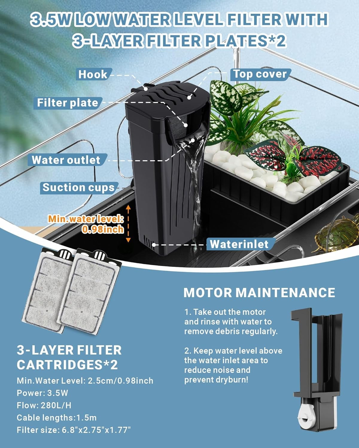 Small Turtle Tank Kit(Tank+Lamp+Filter), Acrylic Turtle Starter Kit with Adjustable Lamp, Reptile Habitat and Terrarium with Multi-Functional Areas for Small Reptiles. (Black Kit)