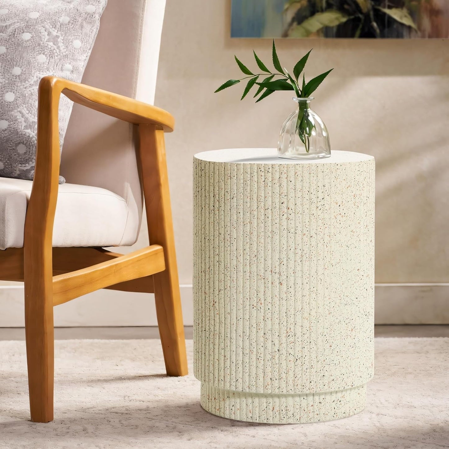 LuxenHome Cream Cement Round Outdoor Side Table, End Tables for Patio, Garden Small Accent Decorative Stool,  Stand Drum Table Indoor and Outdoor