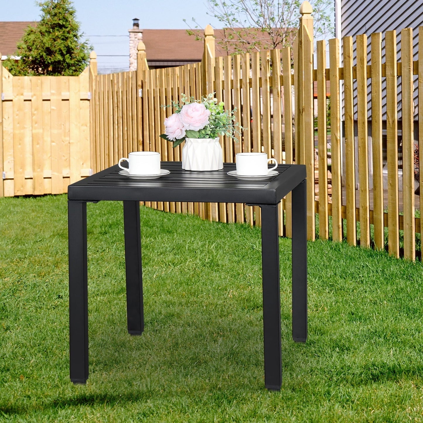 Xilee 19*19*18 inch Square End Table Small Metal Outdoor Coffee Side Table for with Weather-Resistant, Waterproof Top for Hot Tub, Garden, Balcony, Poolside, Durable & Easy-to-Clean, Square, Black