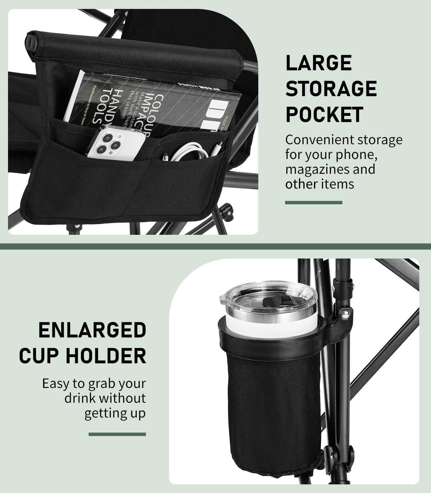 Raynesys Rocking Camping Chair Supports 440 LBS,Outdoor Rocking Chair with Cup Holder & Side Pocket for Patio Lawn,Black