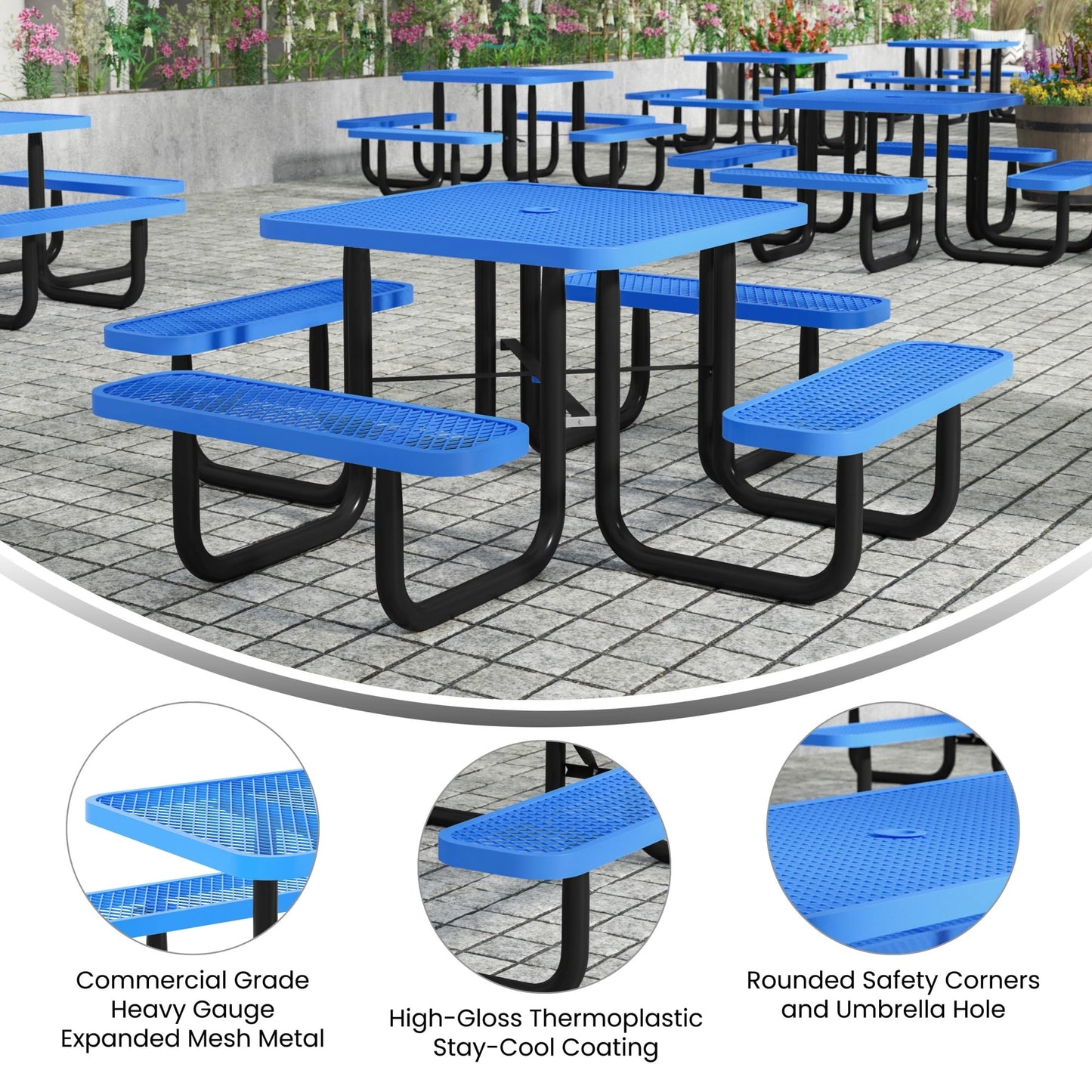Flash Furniture 46" Square Outdoor Picnic Table with Commercial Heavy Gauge Expanded Metal Mesh Seats and Top with Umbrella Hole and Ground Anchors, Blue