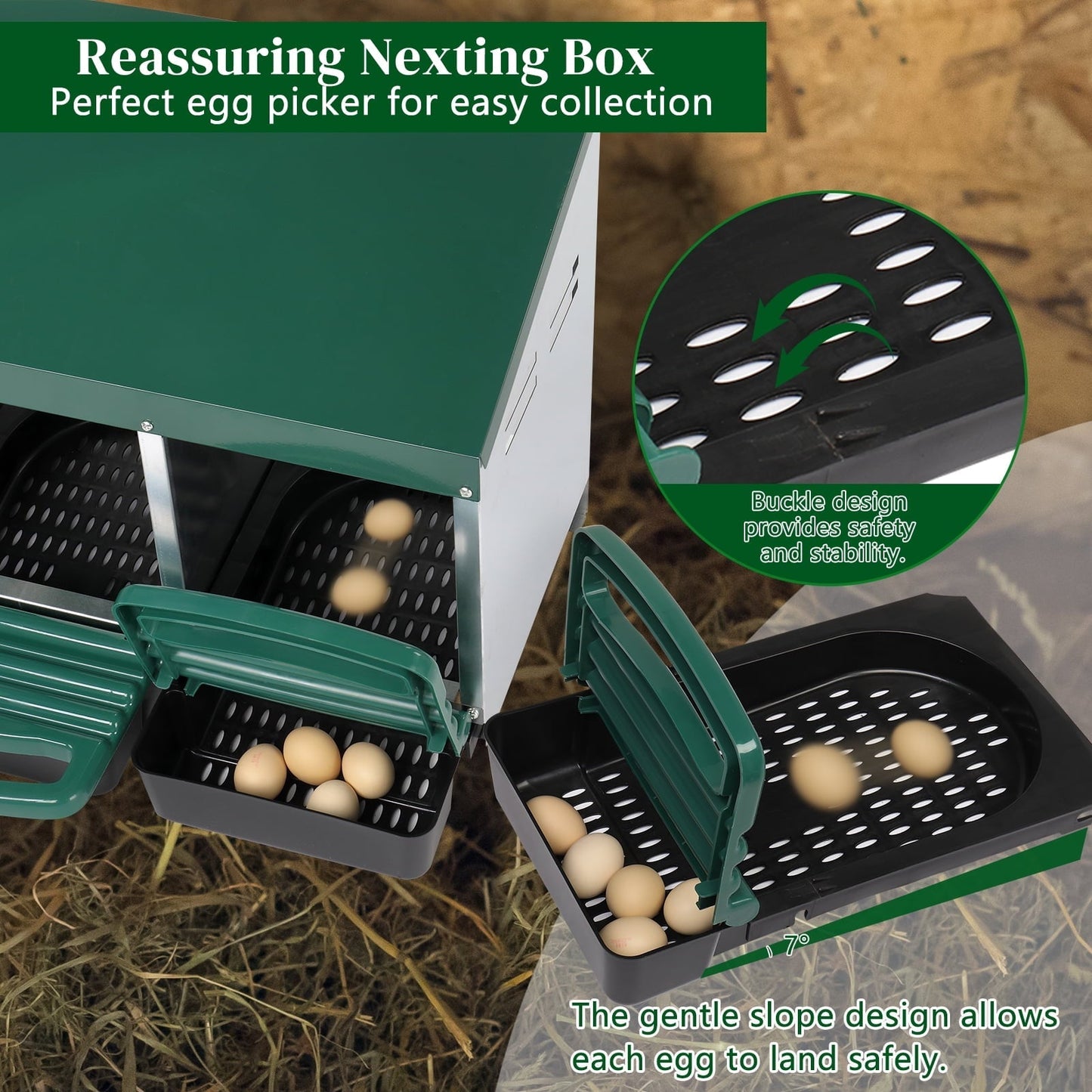 XILE Chicken Nesting Boxes for Laying Eggs, 3-Compartment Roll-Away Nesting Boxes for Chickens Coop with Perch, Hens, Ducks & Other Poultry,Green