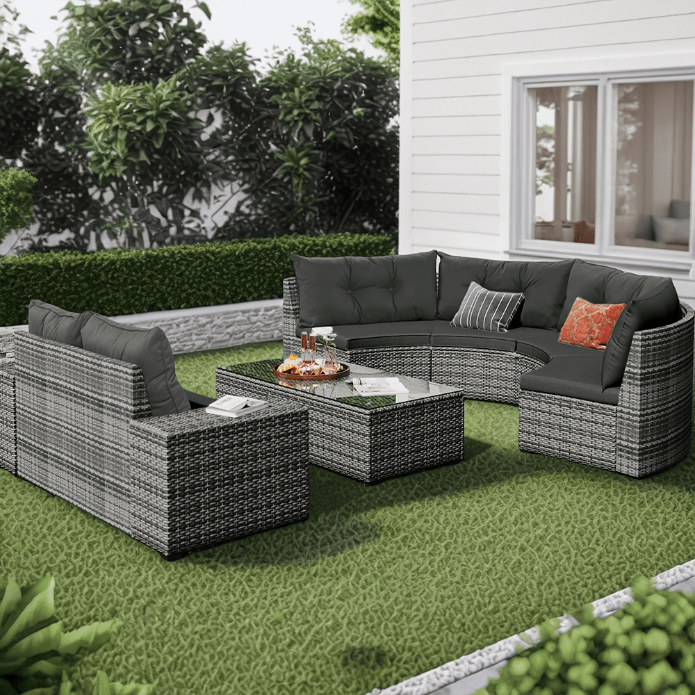 StyleSack 8-Piece Half Moon Curved Round Outdoor Sectional Sofa Patio Furniture Set with Glass Coffee Table