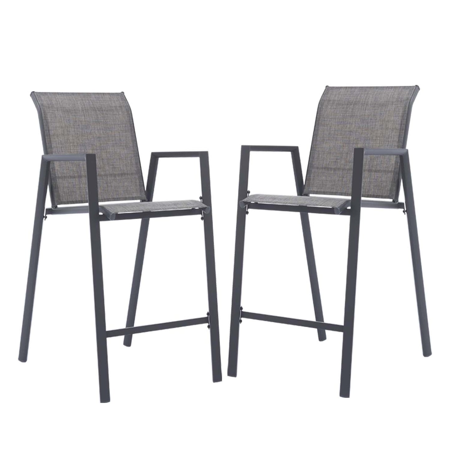 Outdoor Bar Stools Set of 2, High Back Metal Barstools with Armrest, All-Weather Patio Stools for Balcony or Deck, Gray