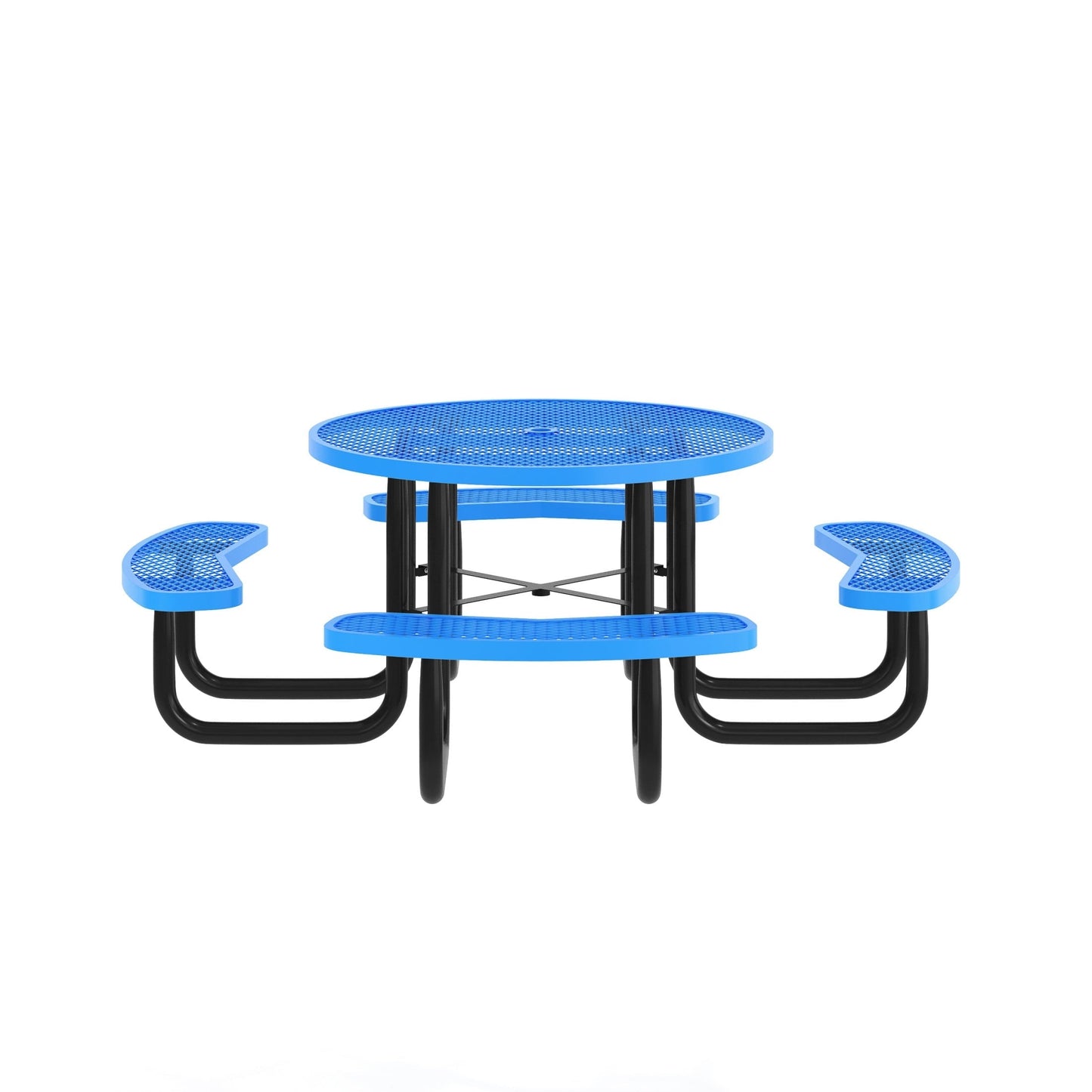 Flash Furniture 46" Round Outdoor Picnic Table with Commercial Heavy Gauge Expanded Metal Mesh Seats and Top with Umbrella Hole and Ground Anchors, Blue