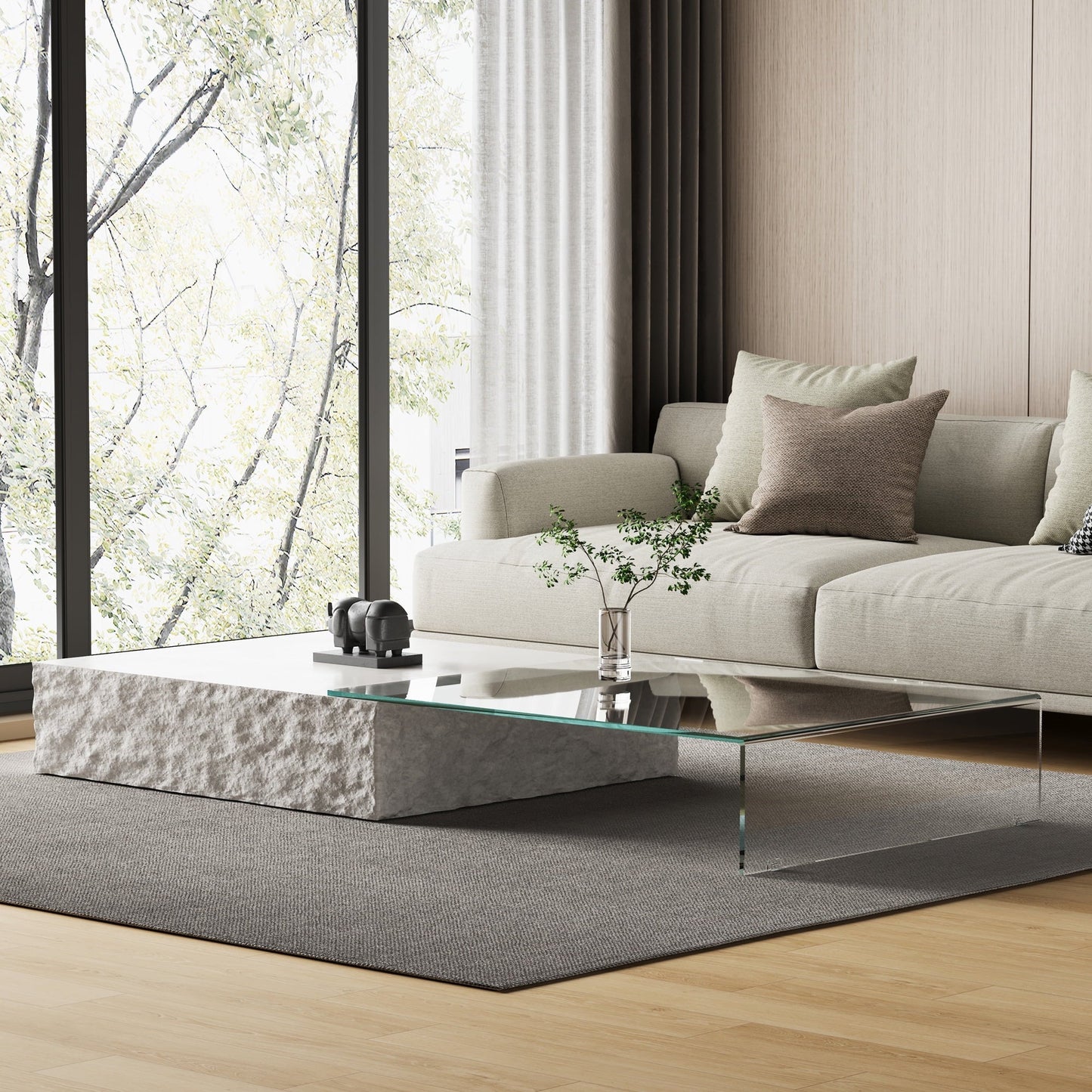 NessCarsti Extendable Faux Marble Coffee Table with Glass Center, Rectangular Cocktail Table for Living Room, Bedroom, or Office, 39.37"–74.8", White