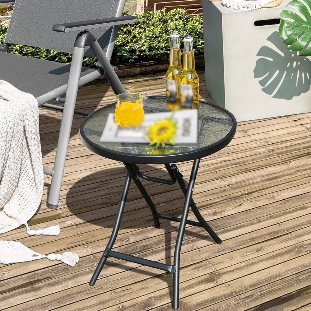 Outdoor Side Table, Folding Small Patio Table, Round Outdoor End Table with Tempered Glass Tabletop, Steel Frame, Footpads for Yard, Lawn, Balcony, Garden, Poolside
