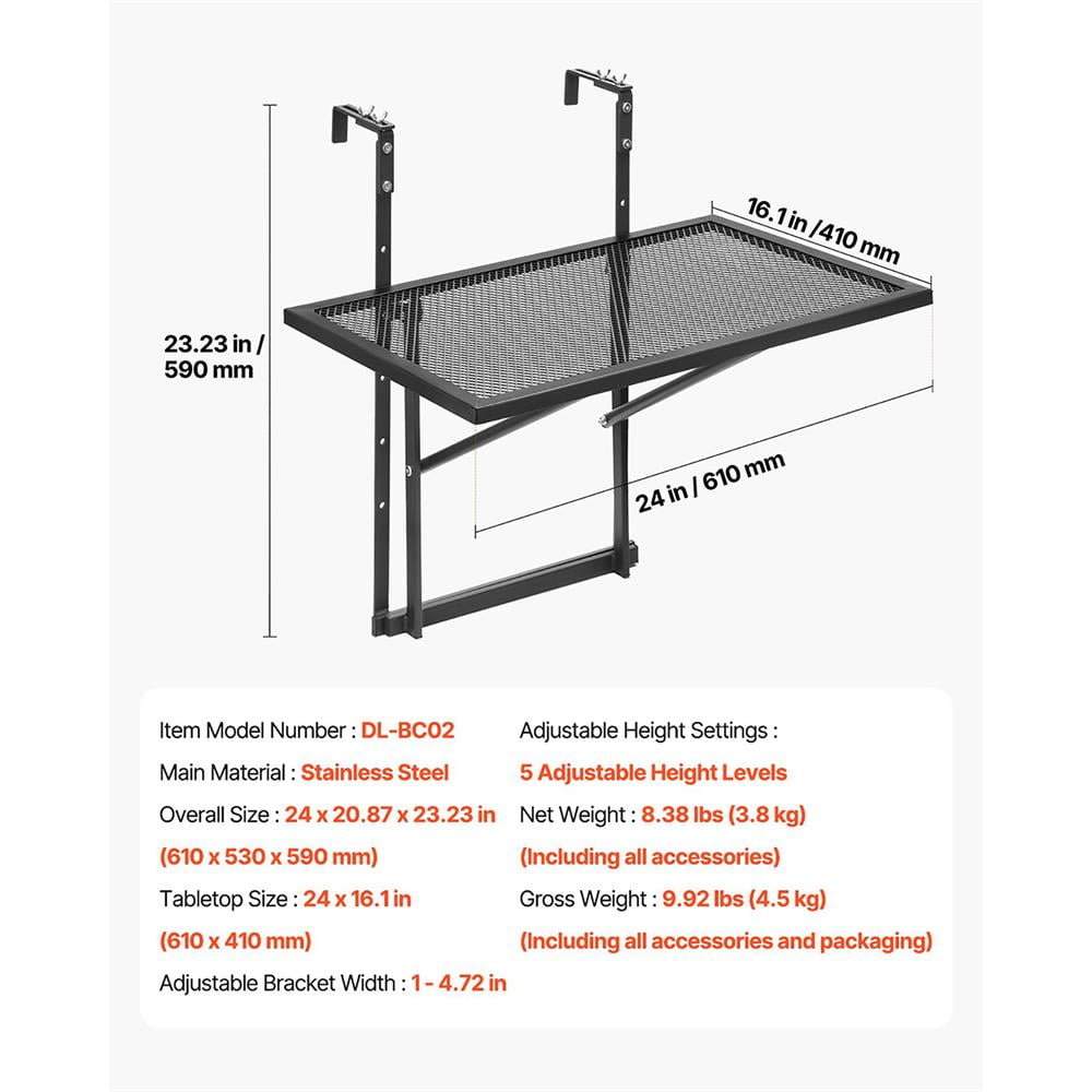 YYAo Outdoor Metal Balcony Table 19x24, Patio Rail Table with Adjustable Design, Perfect for Deck Seating, Durable & Stylish Outdoor Dining