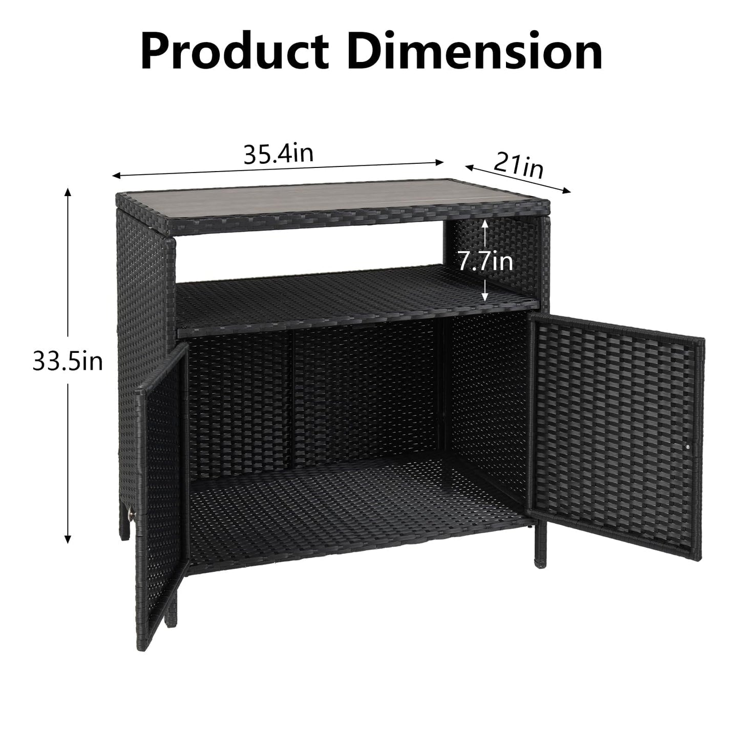 Outdoor Storage Cabinet with Doors, Weatherproof Wicker Patio Storage Box, Rattan Bar Table for Poolside, Backyard & Garden