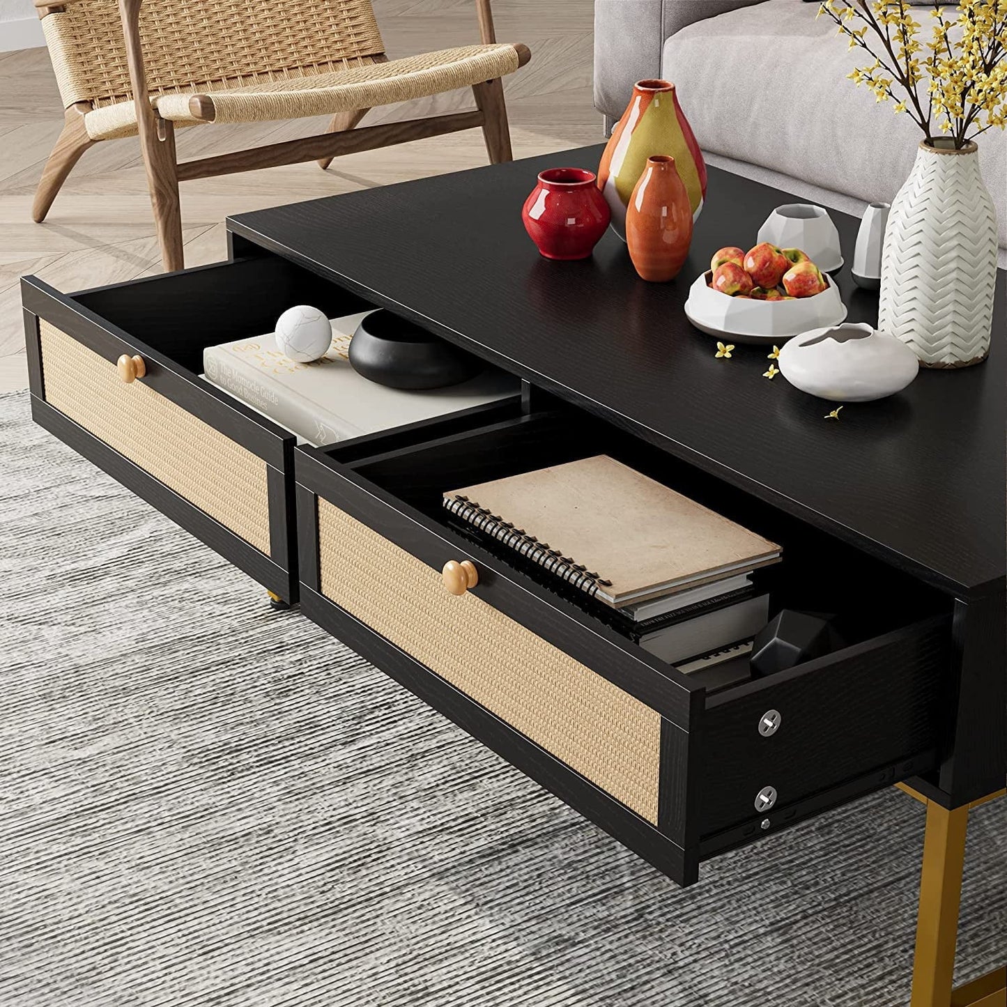 Rattan Coffee Table with 2 Drawer 45.6'' Wood Coffee Table with Storage Boho Dining Table with Rattan Drawer Accent Center Sofa Table with Storage Shelf, Small Coffee Tables for Living Room