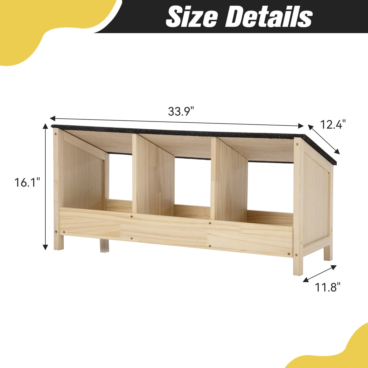 Chicken Coop with Waterproof Roof Wood Cage with 3 Nest Areas 33.9"x16.1"x11.8"