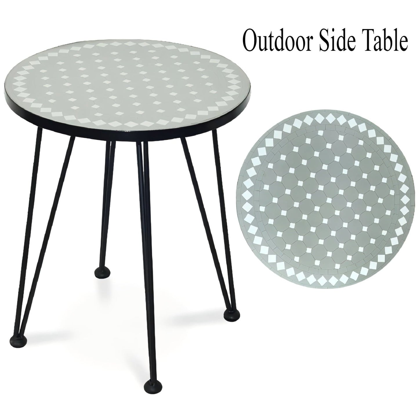 Outdoor Side Table - Round Patio Coffee Table for Porch, Balcony, Garden, or Poolside - Weather-Resistant Table with Decorative Mosaic Design