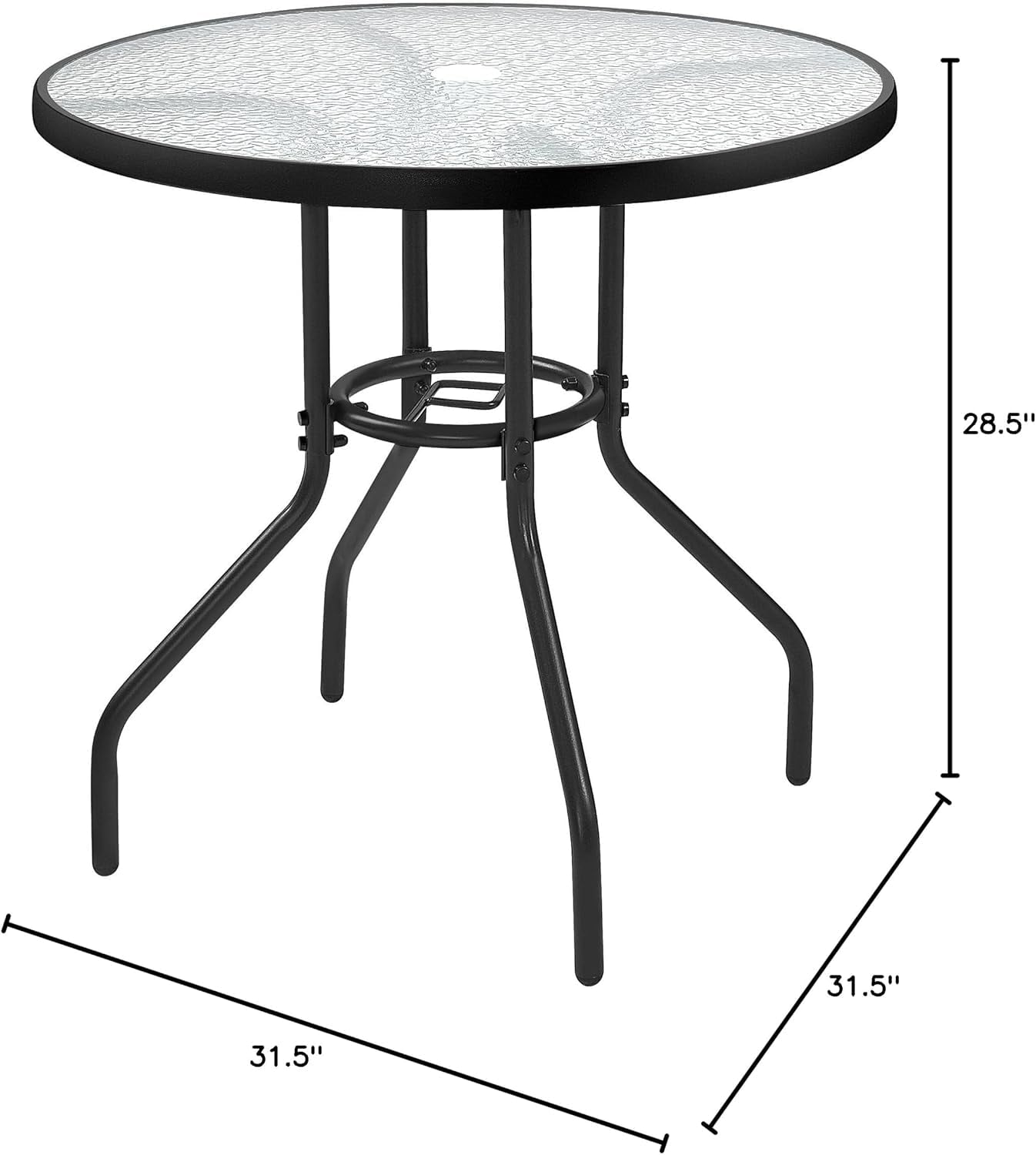 YYEAN  27.4'' Patio Bistro Table Round Outdoor Coffee Table, Round Tempered Glass Top with 1.7'' Umbrella Hole, Iron Frame for Balcony Backyard Lawn and Garden