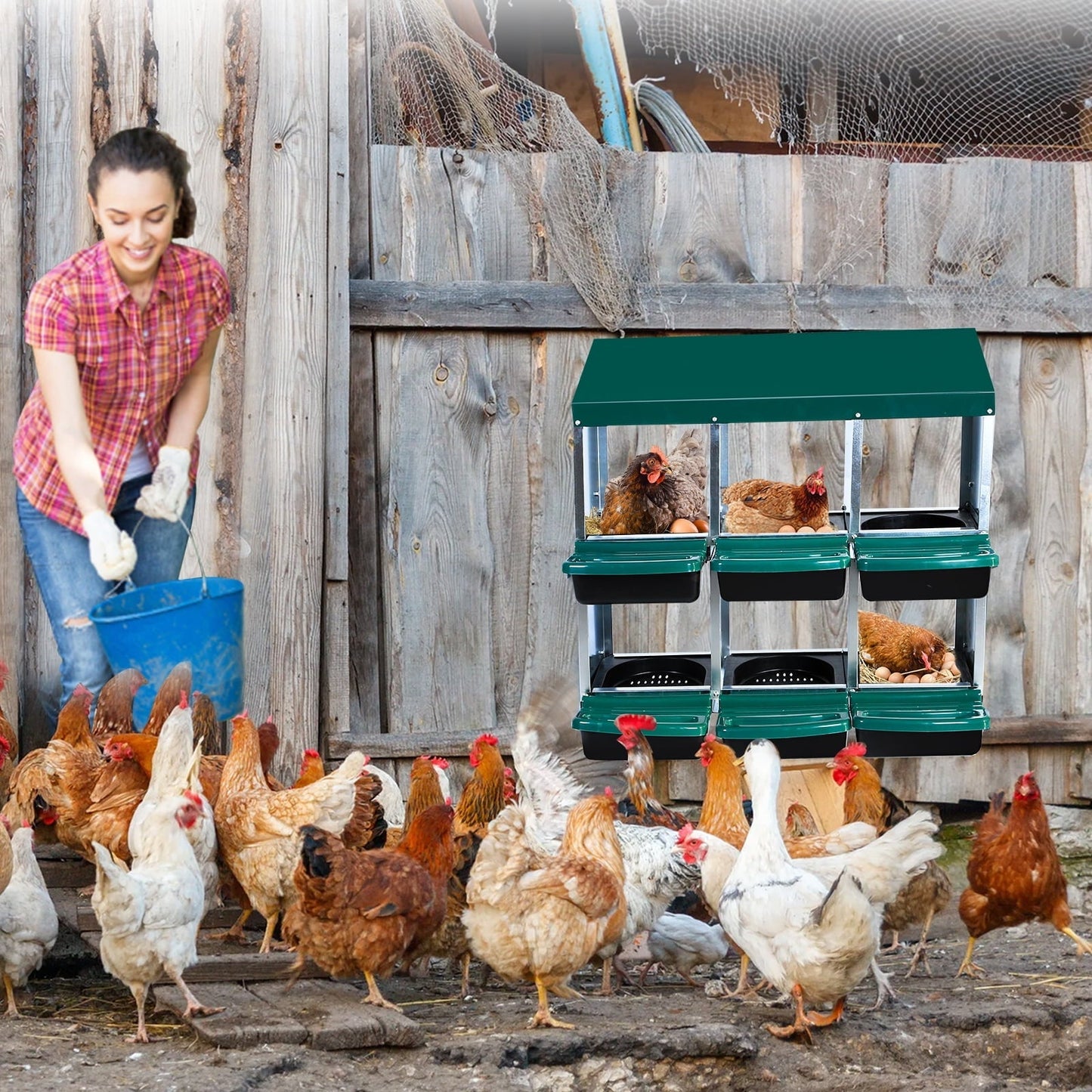 M optimized Chicken Nesting Box with 6 Compartments, Roll Away Laying Boxes for Hens, Lid Cover for Chicken Coop