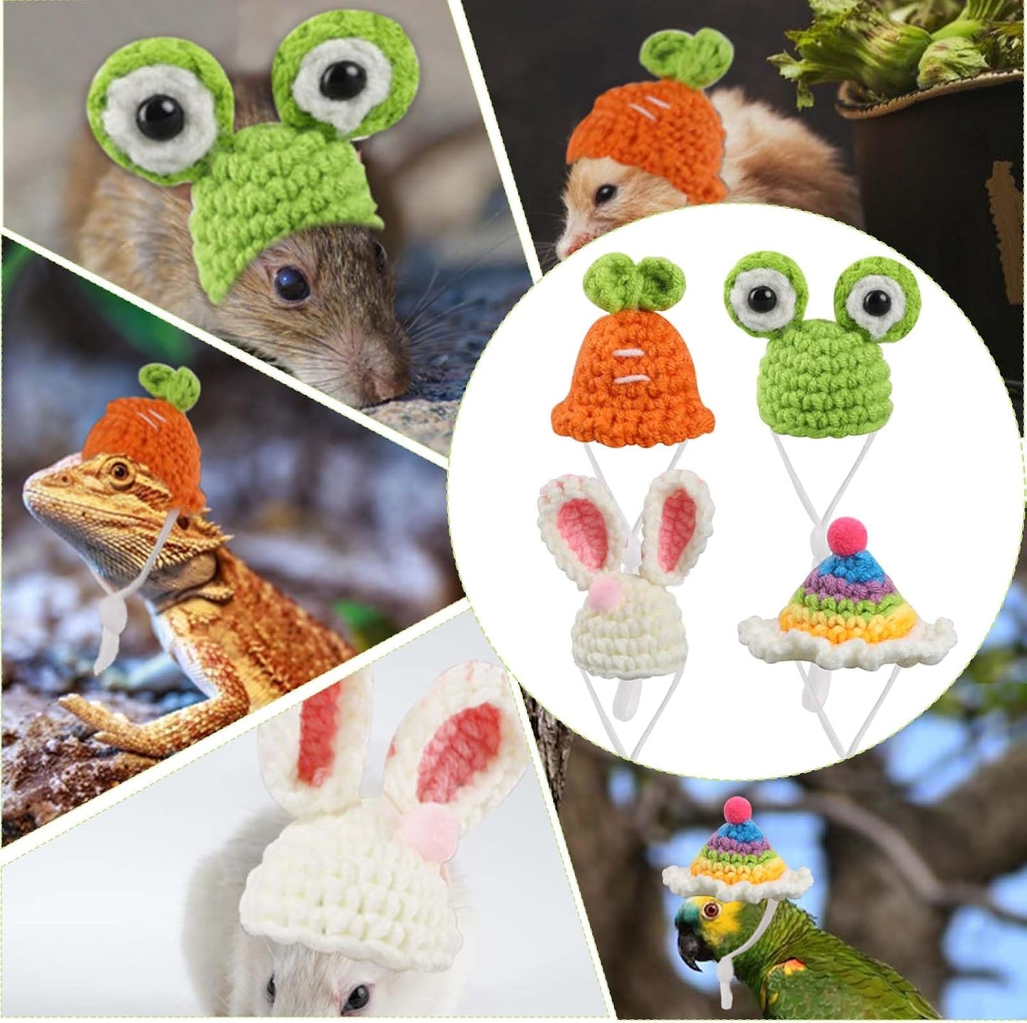 4Pcs Mini Hand Knitted Hats with Adjustable Strap, Small Animals Cute Hat Mini Hamster Hats for Guinea Pig Pets Holiday Party Costume Accessories