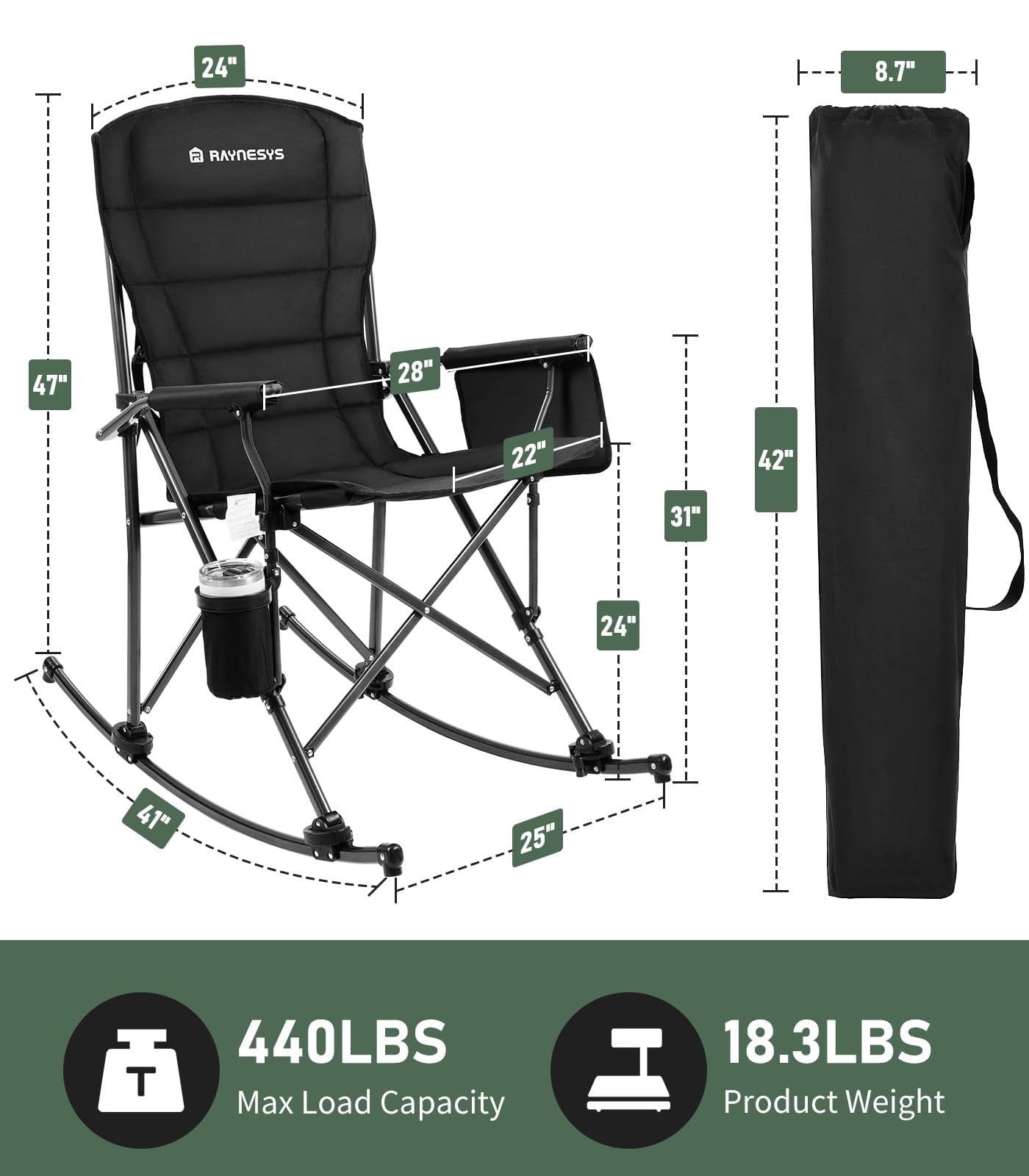 Raynesys Rocking Camping Chair Supports 440 LBS,Outdoor Rocking Chair with Cup Holder & Side Pocket for Patio Lawn,Black