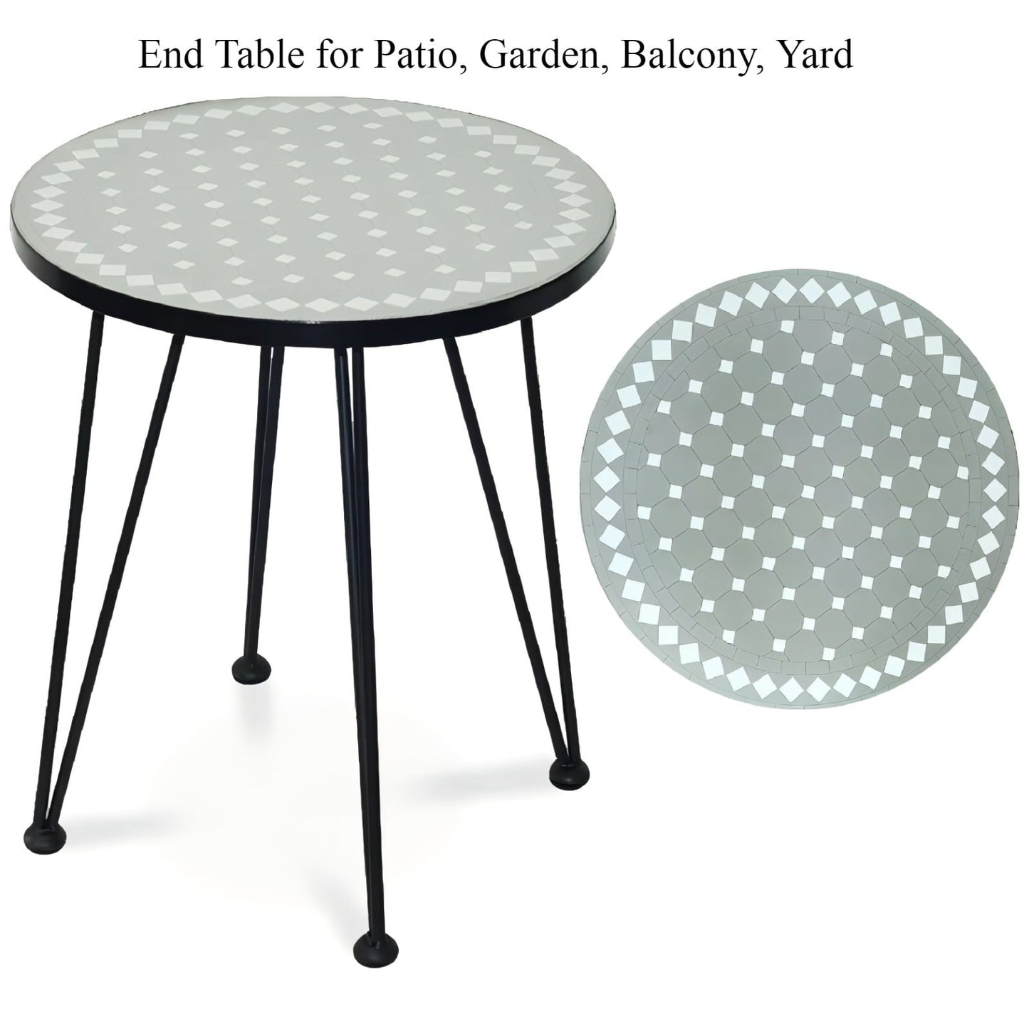 Outdoor Side Table - Round Patio Coffee Table for Porch, Balcony, Garden, or Poolside - Weather-Resistant Table with Decorative Mosaic Design