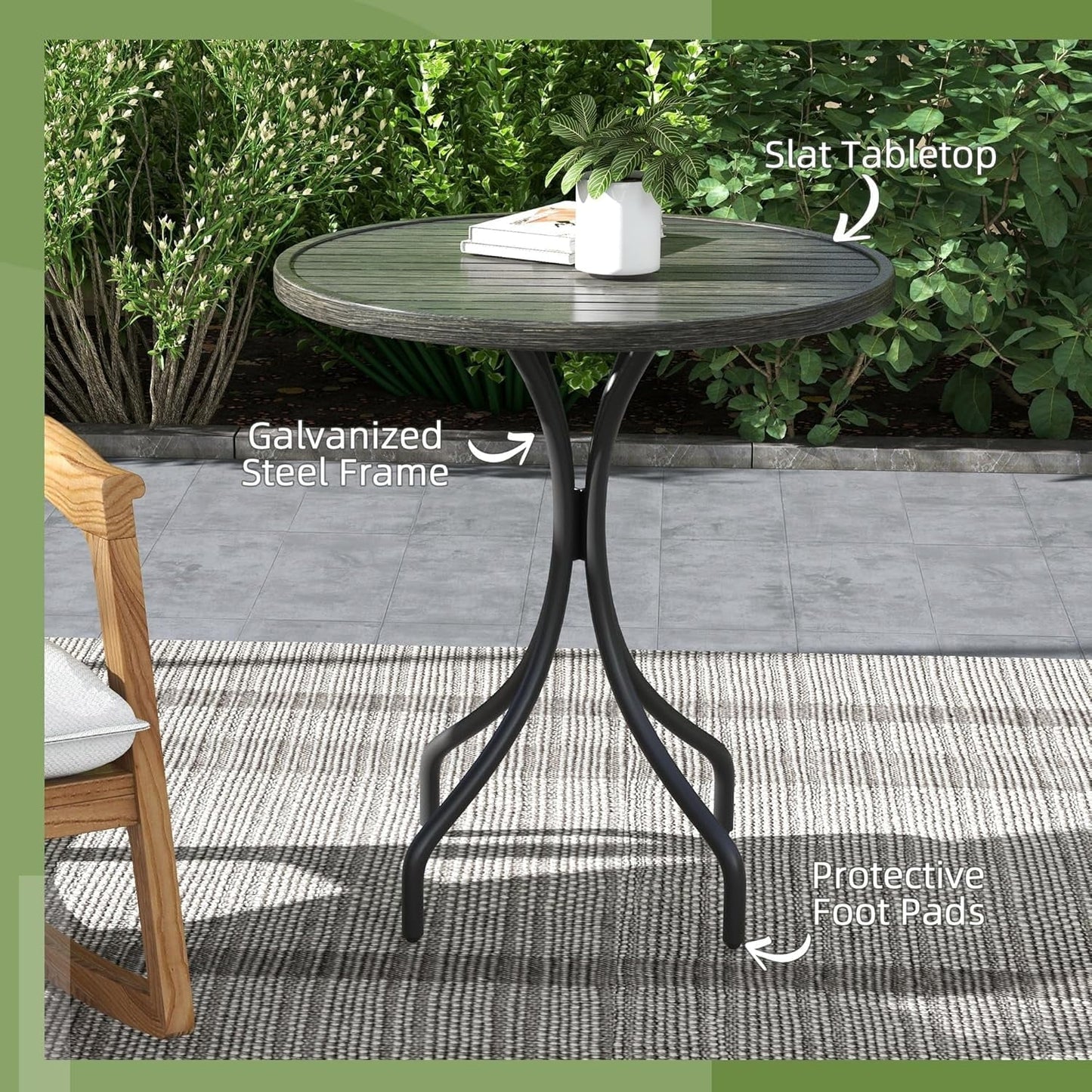 THTGCD Outdoor Side Table, 26" Round Patio Table with Steel Frame and Slat Tabletop for Garden, Backyard, Porch, Balcony, Distressed Gray