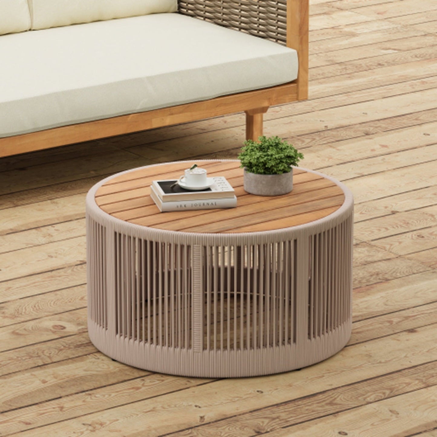 Outdoor Rattan Rope Design and Acacia Wood Tabletop Coffee Table, Beige