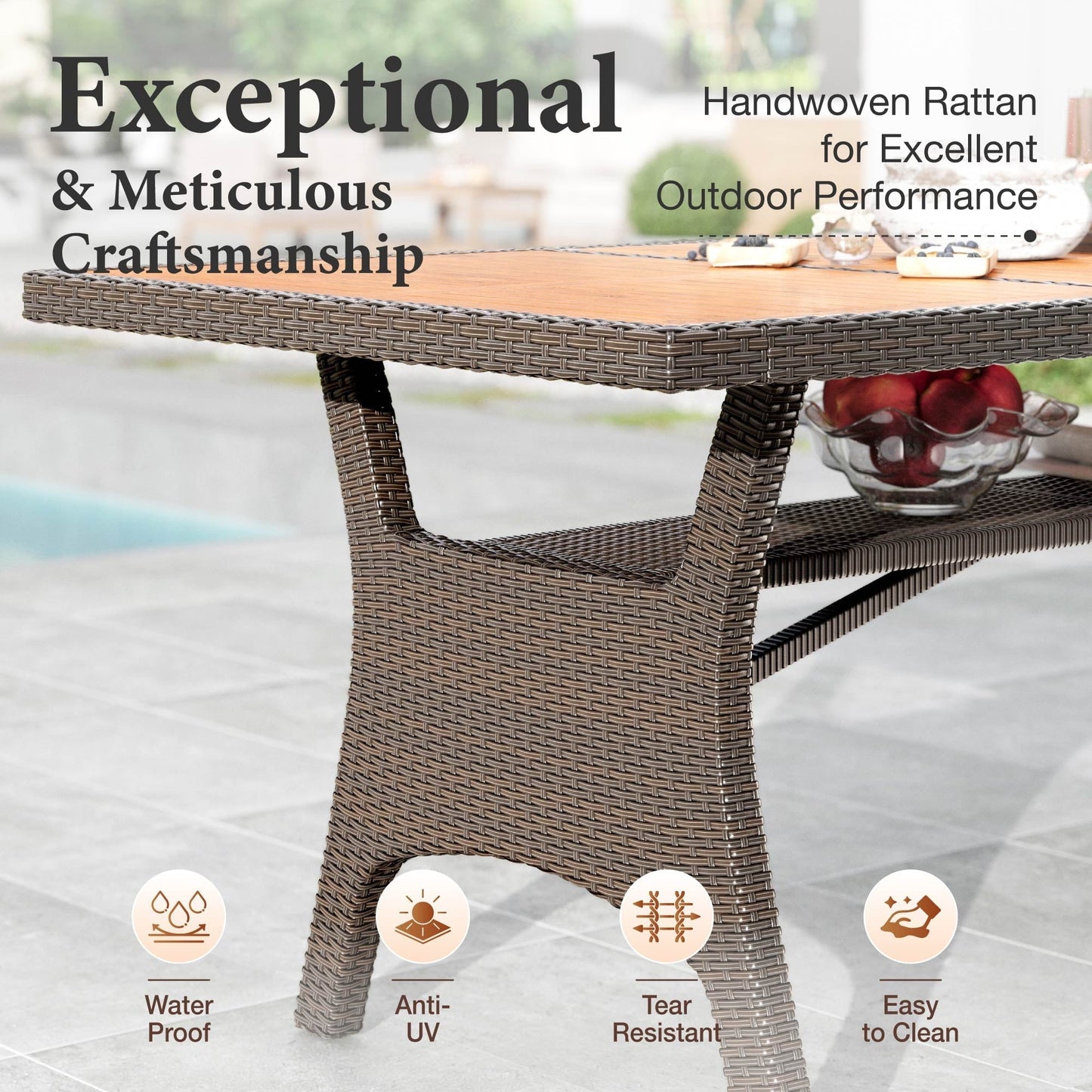 MF Studio 74.8" Patio Table with Acacia Wood Tabletop, 8-Person All-Weather Rattan Outdoor Dining Table, Brown