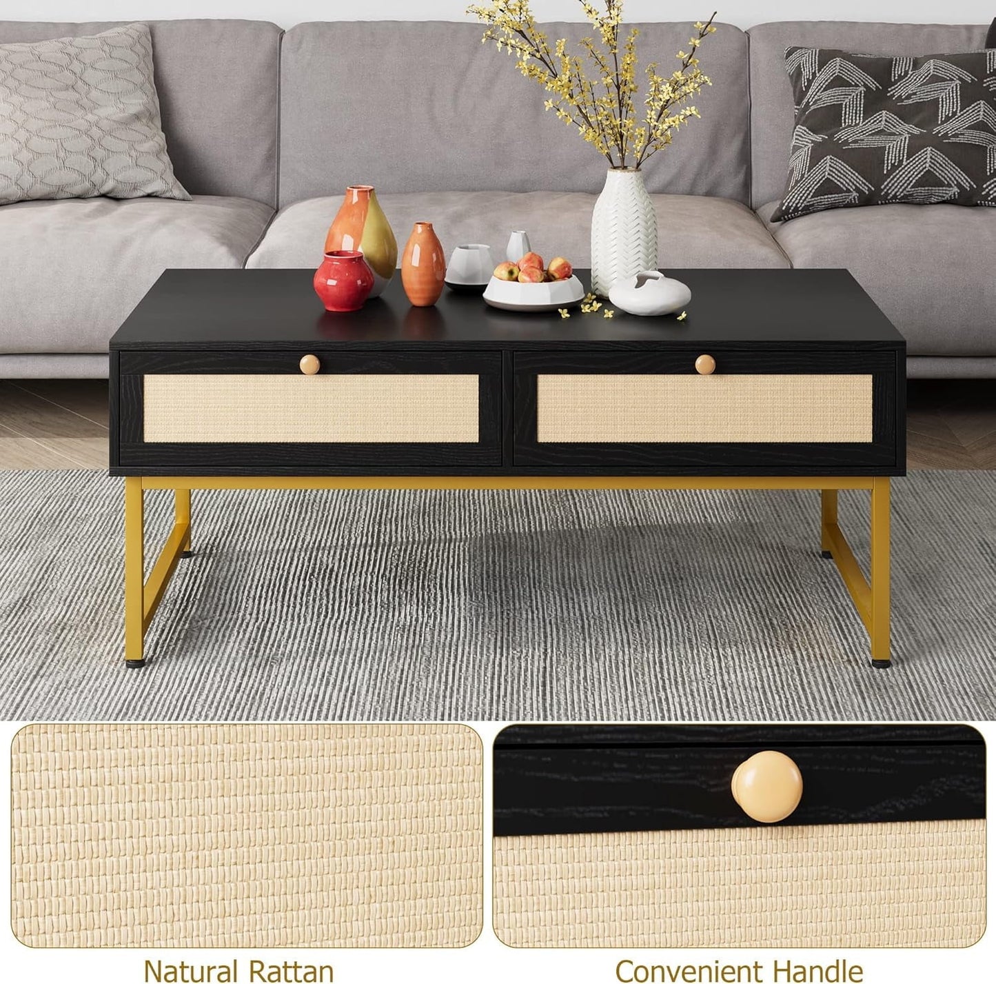 Rattan Coffee Table with 2 Drawer 45.6'' Wood Coffee Table with Storage Boho Dining Table with Rattan Drawer Accent Center Sofa Table with Storage Shelf, Small Coffee Tables for Living Room