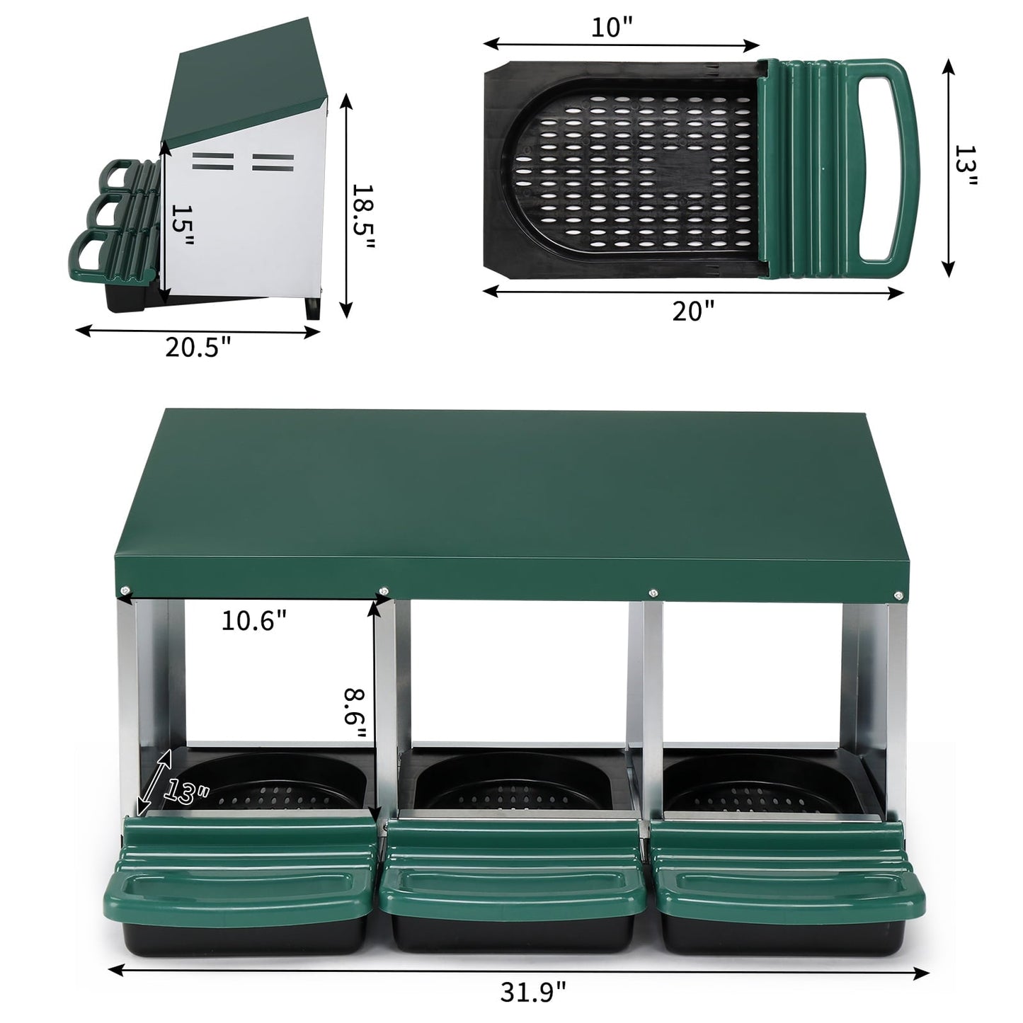 XILE Chicken Nesting Boxes for Laying Eggs, 3-Compartment Roll-Away Nesting Boxes for Chickens Coop with Perch, Hens, Ducks & Other Poultry,Green