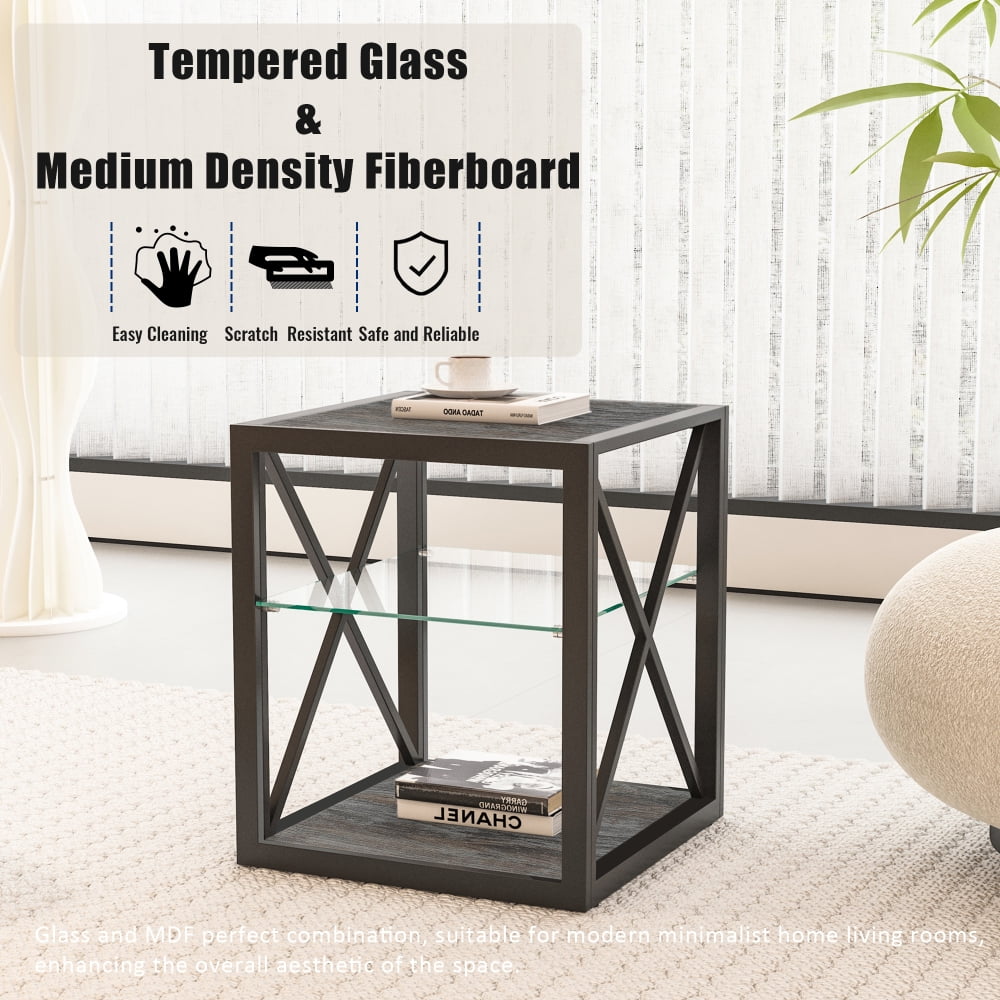 JHSLAJ 1 piece Modern End Table Nightstand for Bedroom & Living Room, Tempered Glass& Rustic Wood Grain MDF, Industrial Style Side Table
