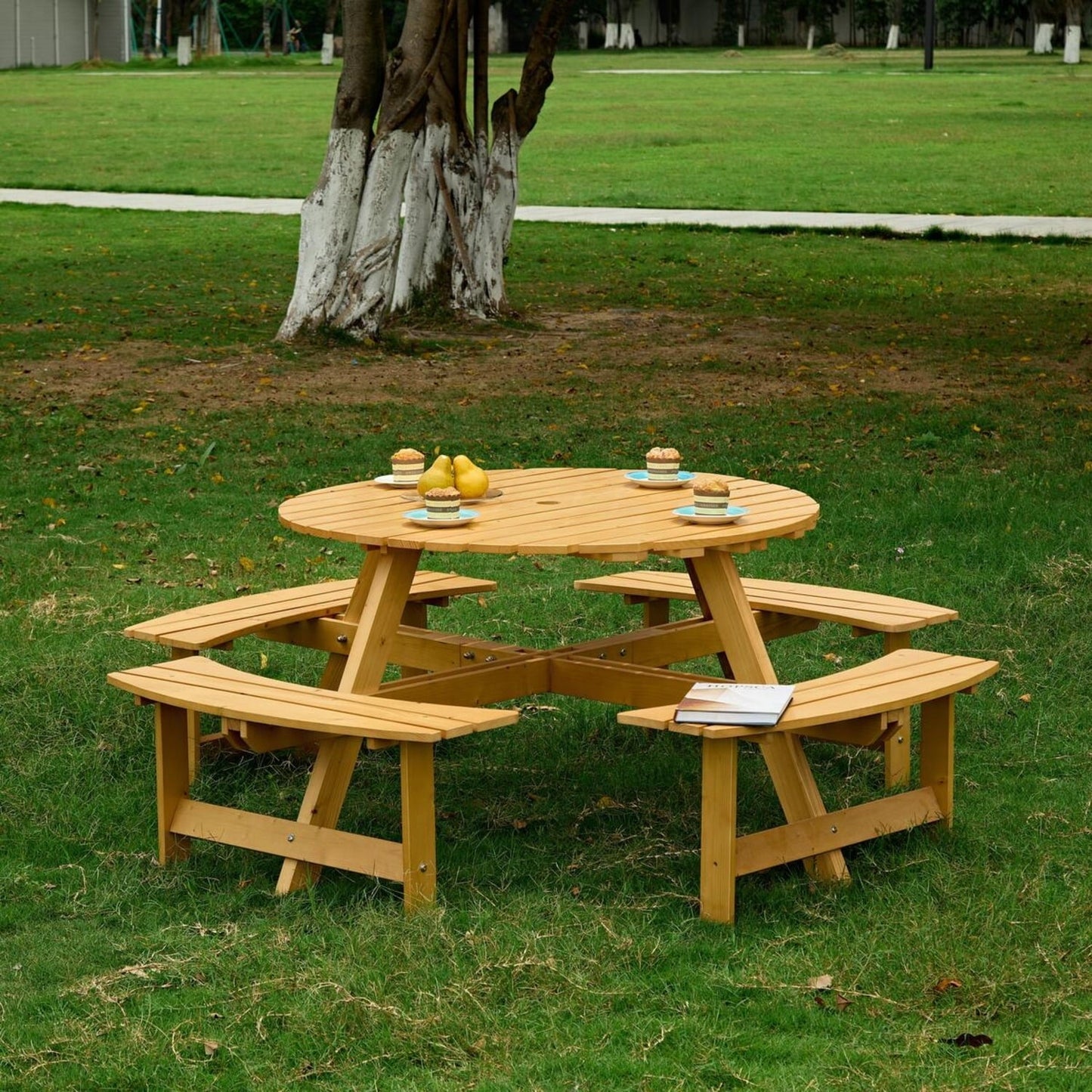 8-person Round Outdoor Picnic Table With 4 Benches & Umbrella Hole, Natural Pine