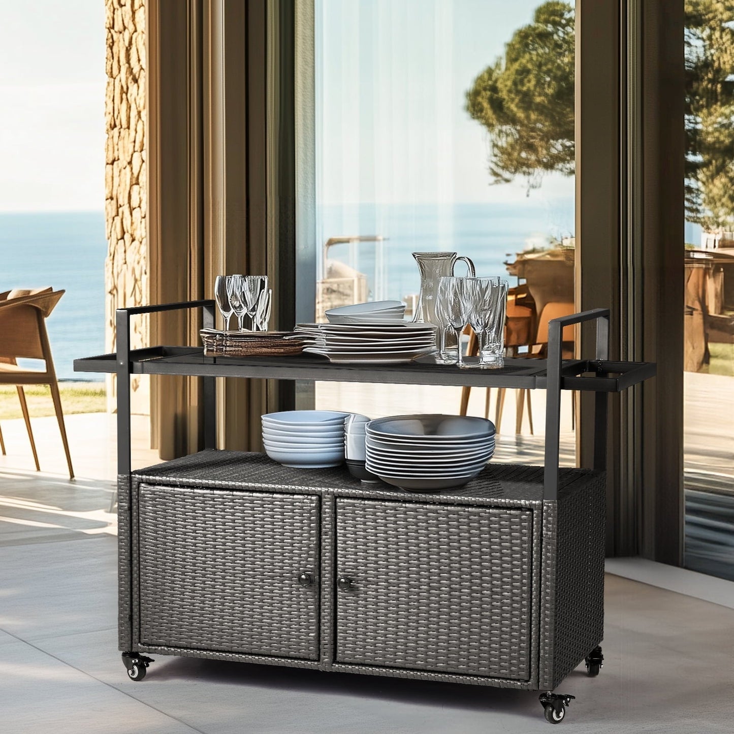 HiiKaa Large Outdoor Kitchen Wicker Island,Rolling Cart & Patio Bar Table with Wheels and Black Glass Table Top for Backyard,Poolside,Black