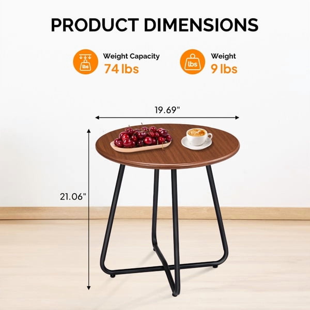 Round Adjustable Side Table, 20" Imitation Wood Top & Powder-Coated Steel Frame, Rust-Resistant Indoor/Outdoor End Table