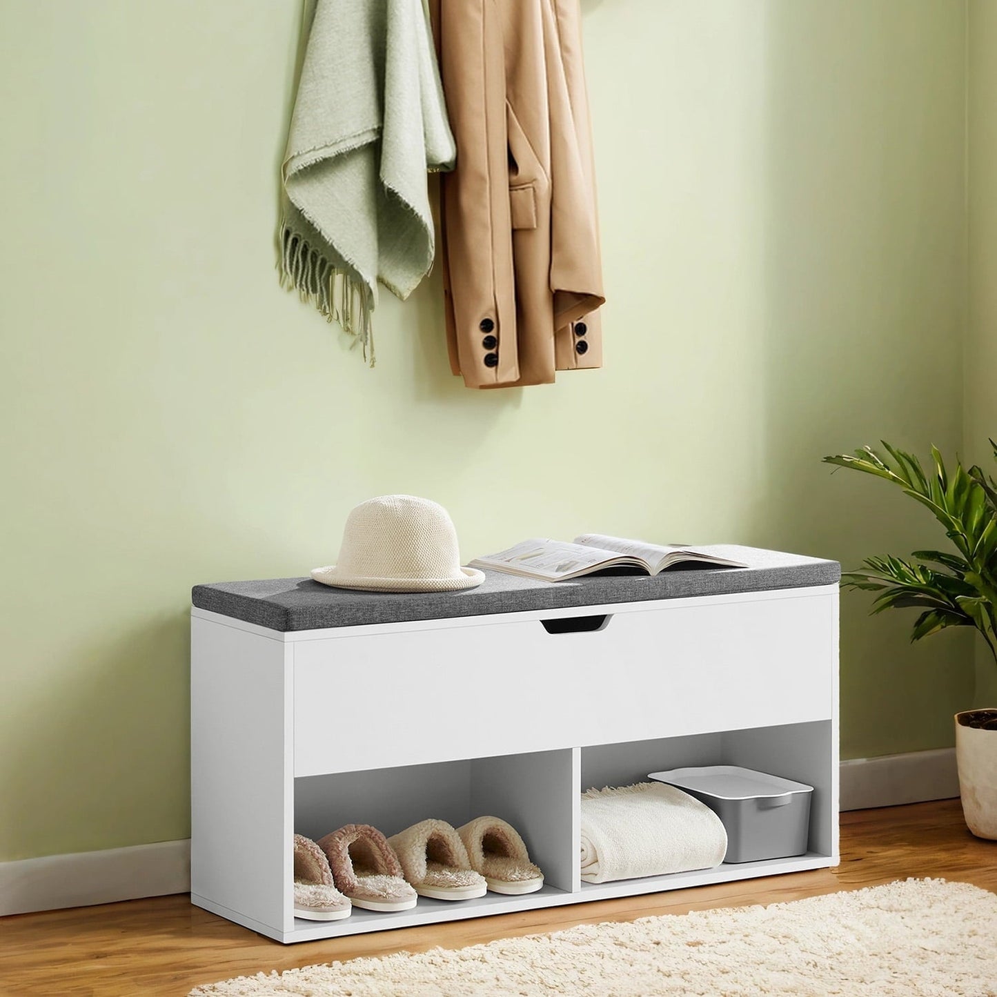 LEDREM Shoe Bench with Cushion, 300lb Capacity Storage Bench with 3 Compartments, White and Gray