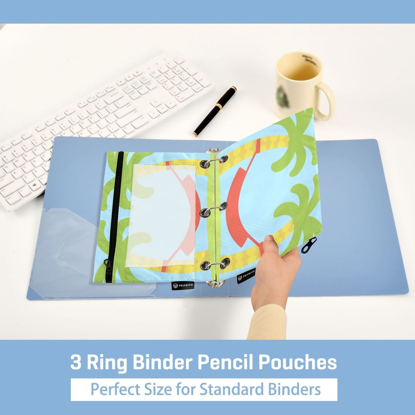 Palm Tree Hammock 9.8x7.1in Water Resistant Binder Pouch, 3-Ring Compatible, Transparent Front