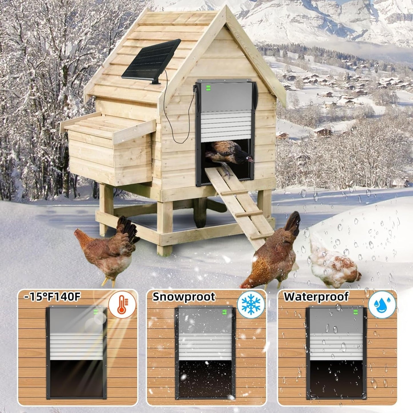 Automatic Chicken Coop Door Solar Powered with Timer, Programmable Light Sensor Openers with Remote Control, Anti-Pinch Aluminum Auto Chicken Coops Doors with 5 Modes for Farm, Outdoor, Yard, Gray