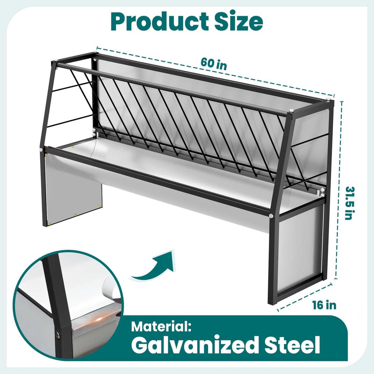 60 Gallon Feeder, Heavy Duty Galvanized Steel Livestock Hay Feeder, Large Capacity Functional Feeder for Sheep, Goats, Pony in Pasture, Barn, Farmyard
