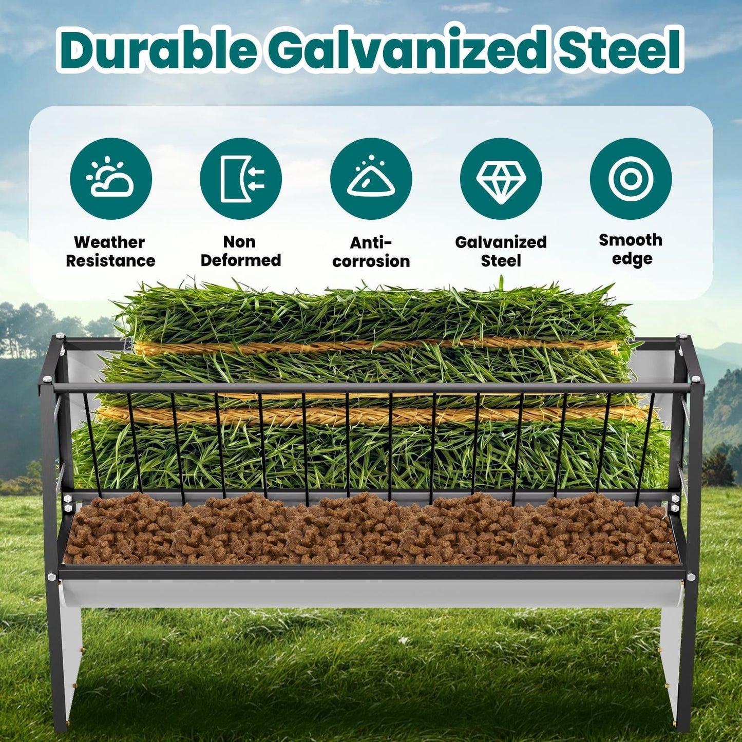 60 Gallon Feeder, Heavy Duty Galvanized Steel Livestock Hay Feeder, Large Capacity Functional Feeder for Sheep, Goats, Pony in Pasture, Barn, Farmyard