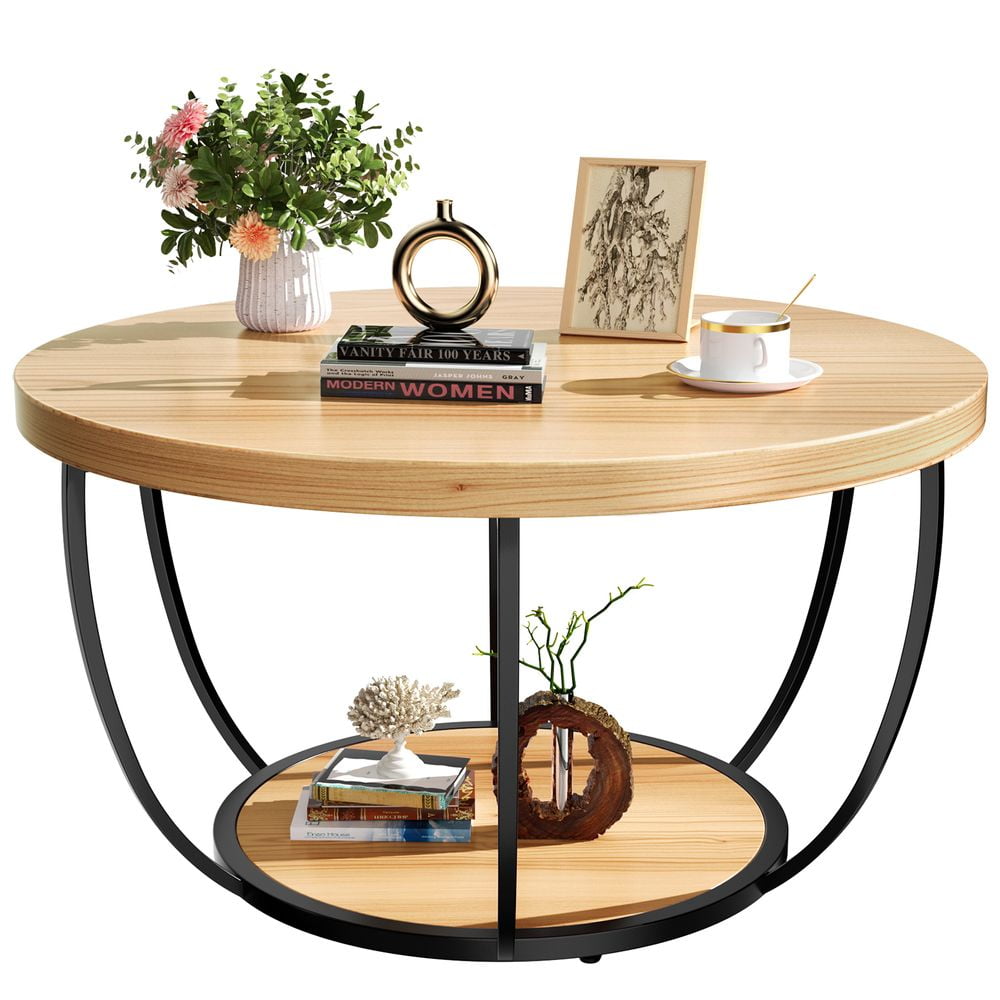 LUMAMIN  31.5" Round Coffee Table with Storage, 2 Tier Modern Small Wood Center Table with Metal Legs for Living Room, Bedroom, or Kitchen