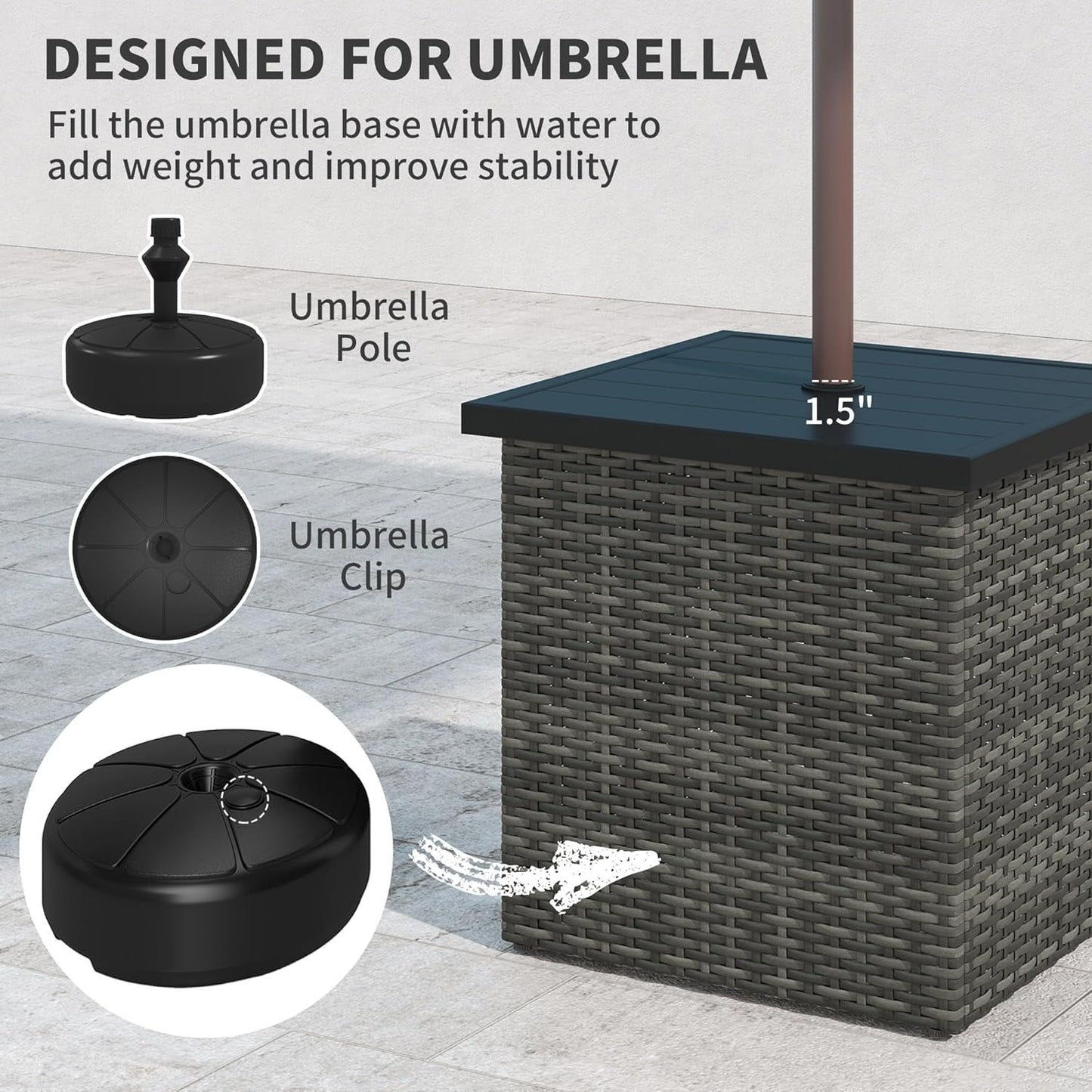 ZOPan All Weather Wicker Side Table with 1.5" Umbrella Hole, Square PE Rattan Outdoor End Table with Umbrella Base, UV-Resistant Frame, Storage Space for Patio, Garden, Poolside, Deck, Mixed-Gray