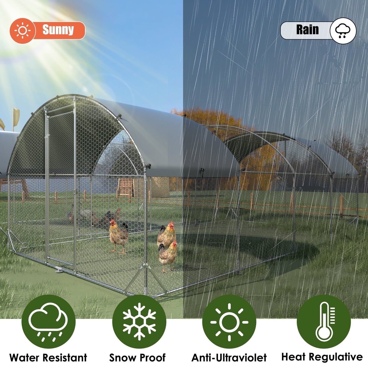 Large Metal Chicken Coop, Outdoor Walk-in Poultry Cage, Tri-Supporting Wire Mesh Chicken Pen With Water-Resident Cover for Outdoor Backyard Farm, 9.2'Wx24.9'Lx6.5'H