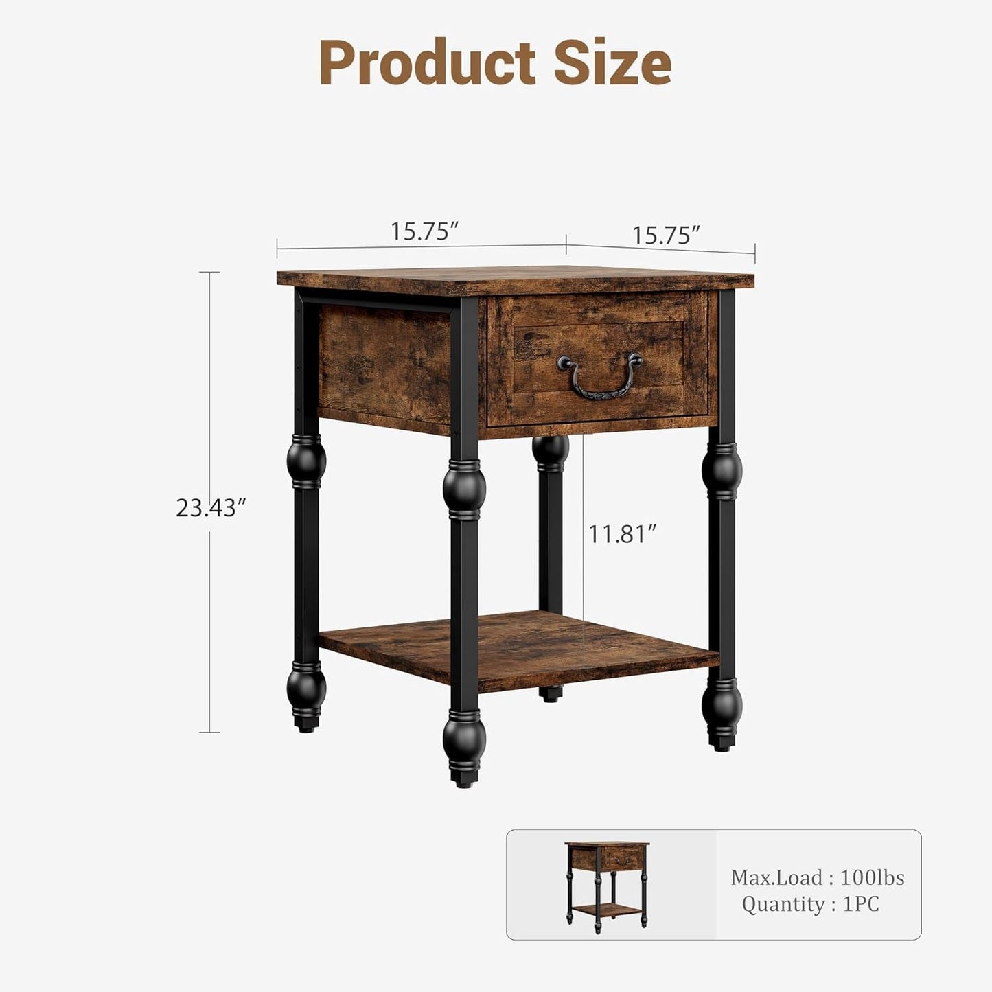 End Table, Industrial Side Table with Drawer and Storage Shelf, Metal Frame Nightstand with Wooden Top, Space Saving Console Table for Living Room, Bedroom, Office, Vintage