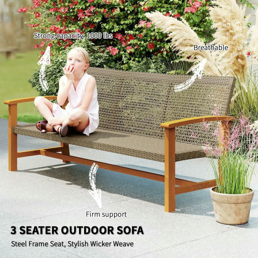 GVN Outdoor Couch Patio Sofa,3-Seat Wicker Outdoor Couch Patio Sofa, Acacia Wood Patio Furniture with Steel Seat Armrests, Teak