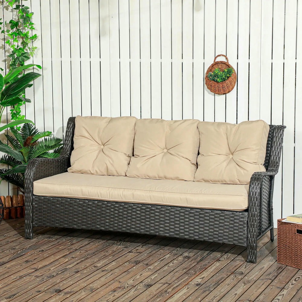 Barara King Patio Outdoor Sofa,3-Seater Outdoor Sofa w/ 4" Thick Cushions, Outdoor Couch, Beige