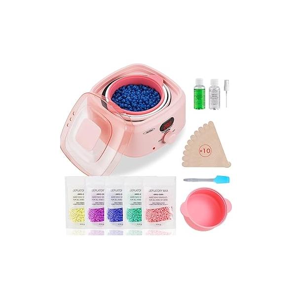 Sunvivi Waxing Kit, Brazilian Wax Warmer for Hair Removal with 5 Bag Hard Beads, Digital Display Melt Kit Women Men Full Body, Legs, Face, Bikini,Sensitive skin, White