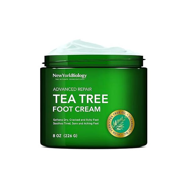 New York Biology Tea Tree Oil Foot Cream for Dry Cracked Feet, Athletes Foot, Nail Fungus, Jock Itch, Ringworm, Heels and Itchy Skin - 8 oz