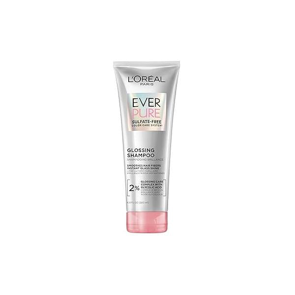 L'Oreal Paris Glossing Sulfate Free Shampoo with Glycolic Acid, Hair Care for Lasting Shine and Smoothness Dull, Dry Hair, EverPure, 6.8 Fl Oz