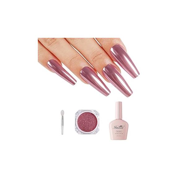 Imtiti Rose Gold Chrome Nail Powder Kit,1g Pink Meatllic Mirror Effect with 10ml White Color Gel Polish Metal UV DIY Kit