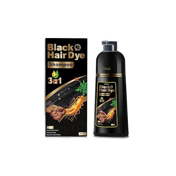 Hair Dye Shampoo 3 in 1, Herbal for Women Men, Grey Coverage 500ml (Black)