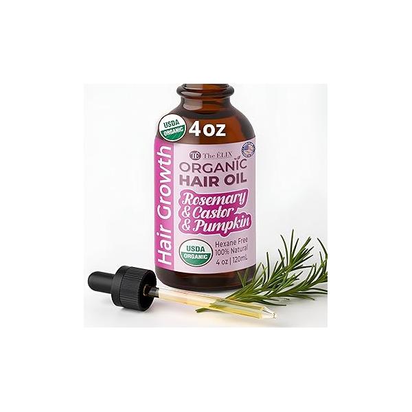 The ÉLIX USDA Organic Hair Growth Thickening Oil - Rosemary, Castor, Pumpkin Seed for Loss & Thinning Made in USA 4oz