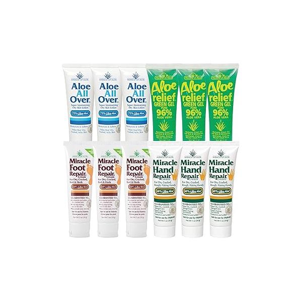 Miracle of Aloe Problem Solver Assortment | 12 pcs/1 ounce tubes Foot Repair, Hand Green Relief Gel, All Over